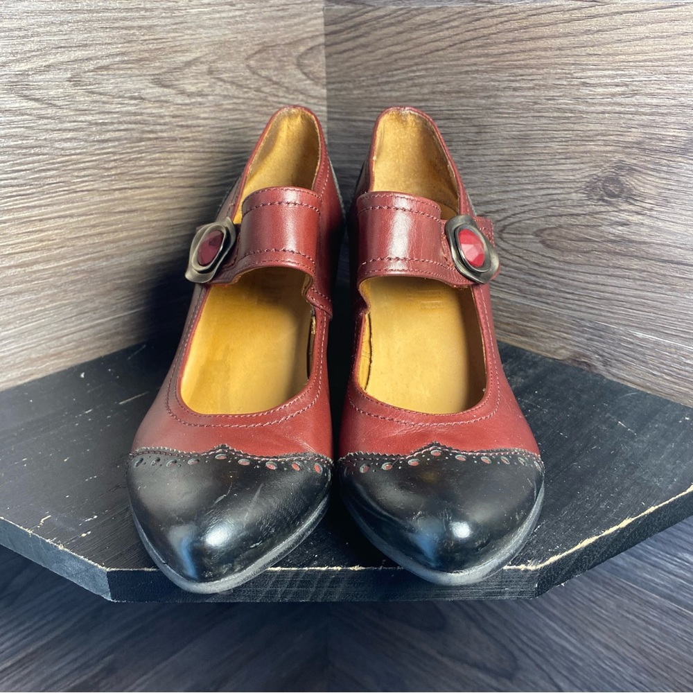 Fidji fidji red black strap leather heels vintage pumps - Picture 2 of 6